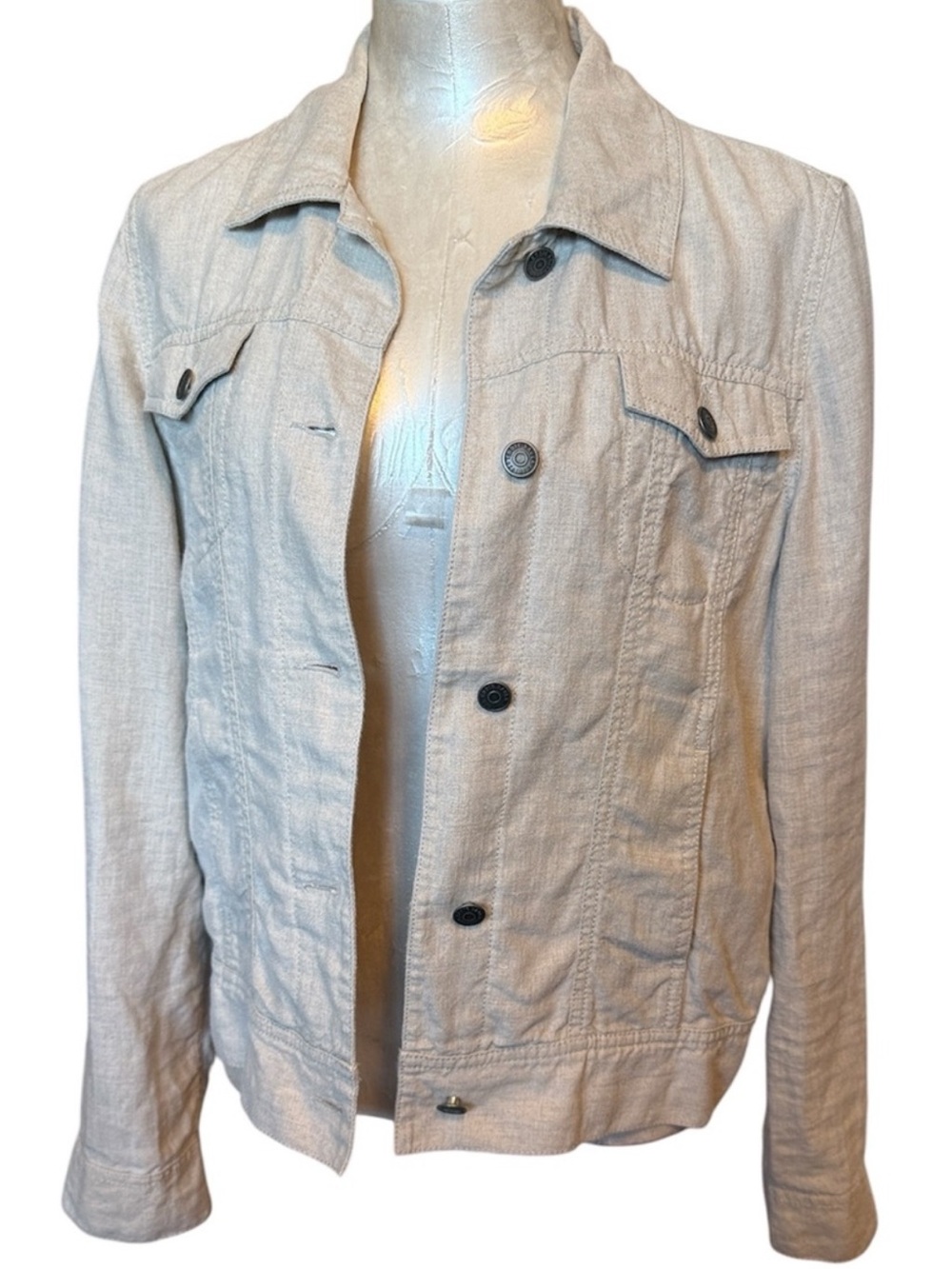 Eddie Bauer Cream Linen Trucker Jacket Button Front Light Neutral Size L